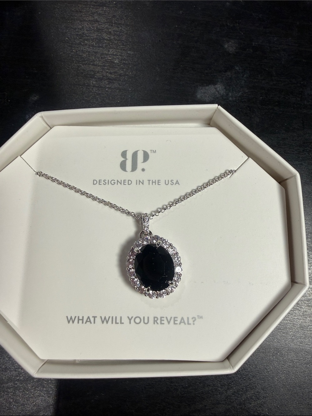 Oval Black Halo Pendant Necklace with Silver Chain by